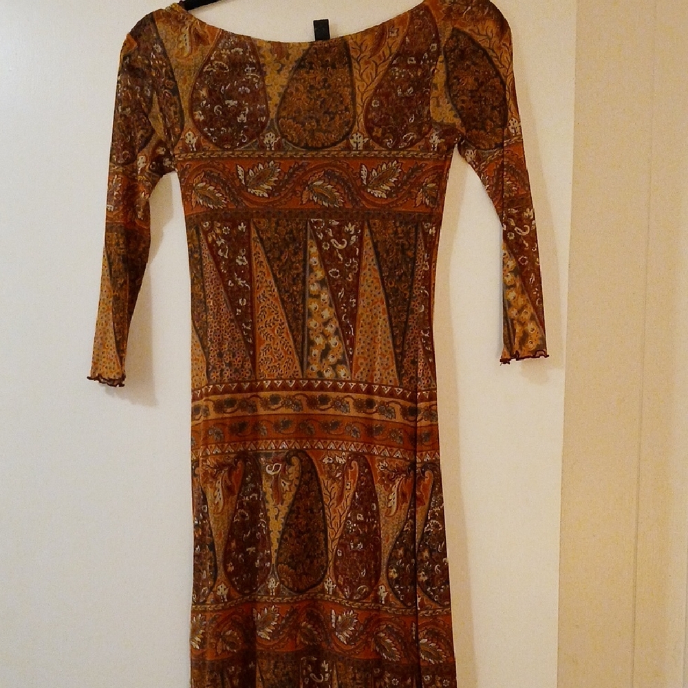 Weston Wear Mesh Lined Multicolor Earthtones Long Sleeve Maxi Dress, S